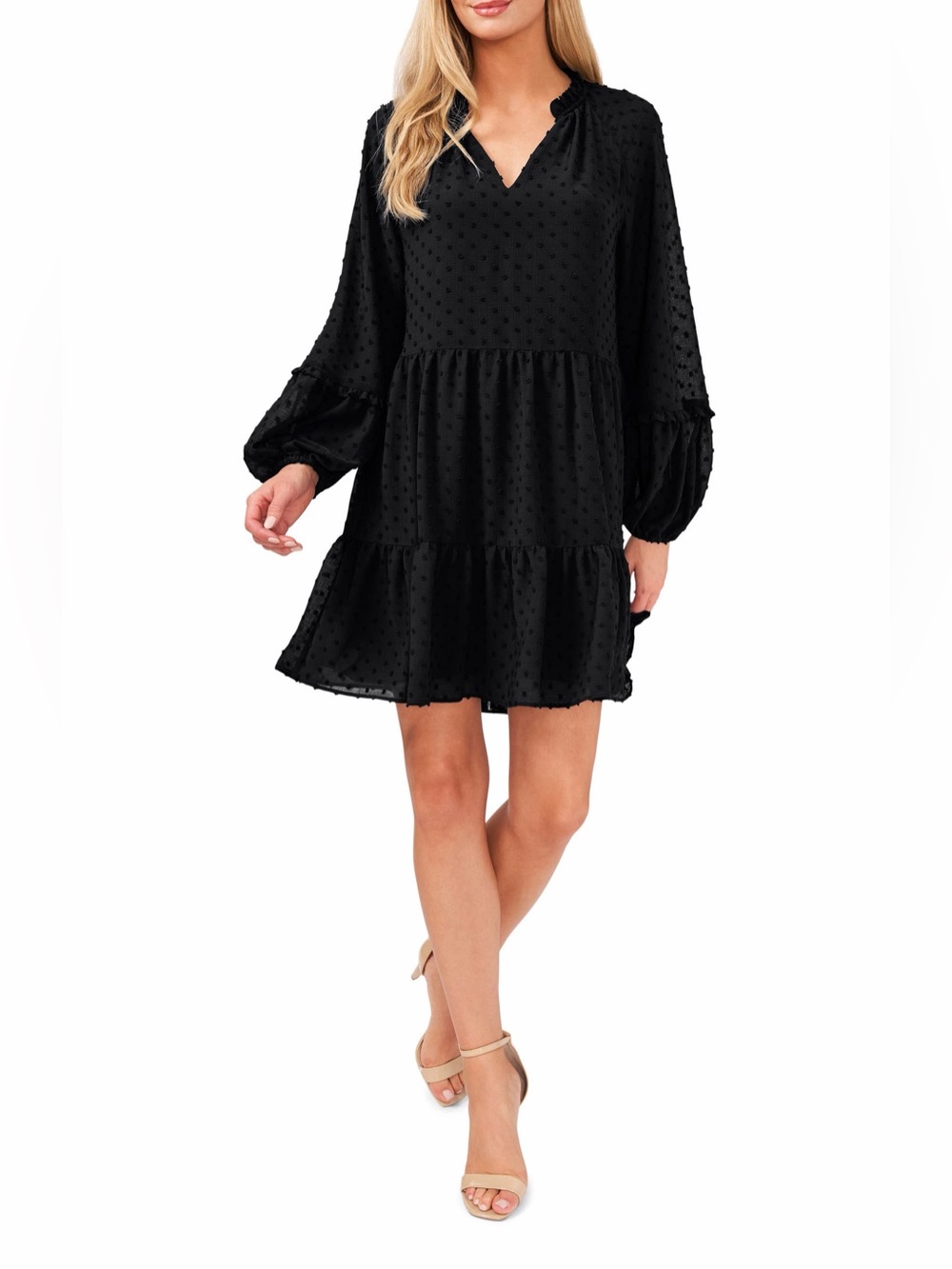 CeCe Black Swiss Dot Mini Tiered V-Neck Dress